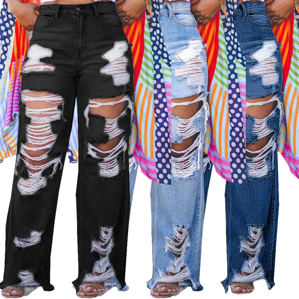 Hole Jeans for Women Ripped Straight Pants Mid Waist Distressed Washed Pockets Vintage Denims 2025 Streetwear Female Trousers